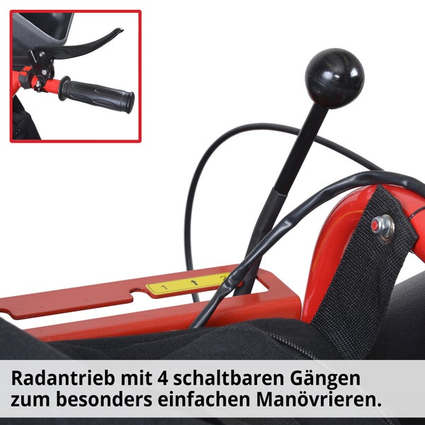 Detailansicht eines Pedal-Gokarts mit Gangschaltung und Handbremse