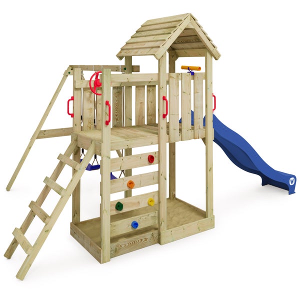 WICKEY Spielturm Klettergerüst MultiFlyer Holzdach mit Schaukel und Rutsche, Kletterturm mit Holzdach, Sandkasten, Leiter und Spiel-Zubehör - blau