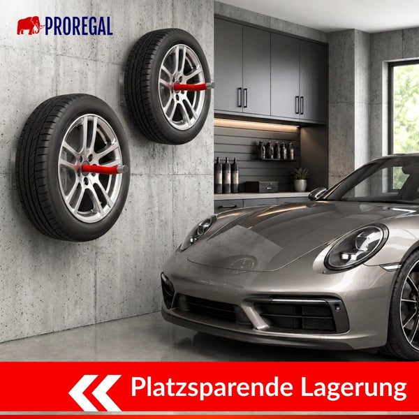 Proregal Reifenhalter zur Wandmontage in einer Garage mit Auto und Stauraum zur platzsparenden Reifenlagerung
