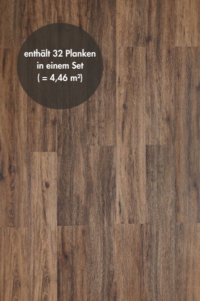 Dunkelbraune Bodenplanken in Holzoptik. Das Set enthält 32 Planken für eine Fläche von 4,46 Quadratmetern.
