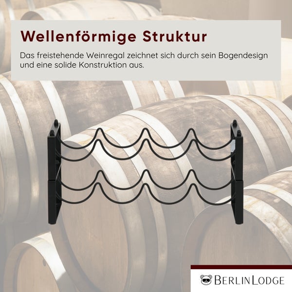 Freistehendes Weinregal aus Metall mit wellenförmiger Struktur für Flaschen.