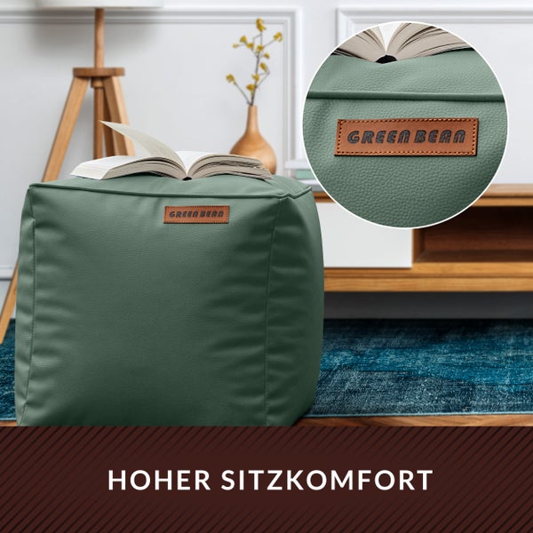 Quadratischer Sitzwürfel aus Kunstleder mit Buch und Green Bean Logo
