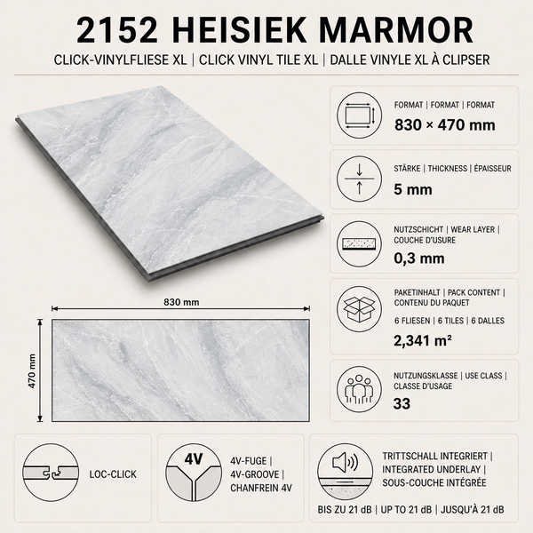 Click Vinyl Fliese 2152 Heisiek Marmor XL im Format 830 mal 470 Millimeter mit 5 Millimeter Stärke und integrierter Trittschalldämmung