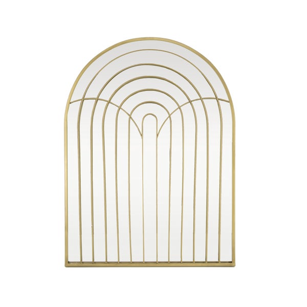 Bogenförmiger Wandspiegel mit goldenem Metallrahmen und dekorativem geometrischem Strebenmuster.
