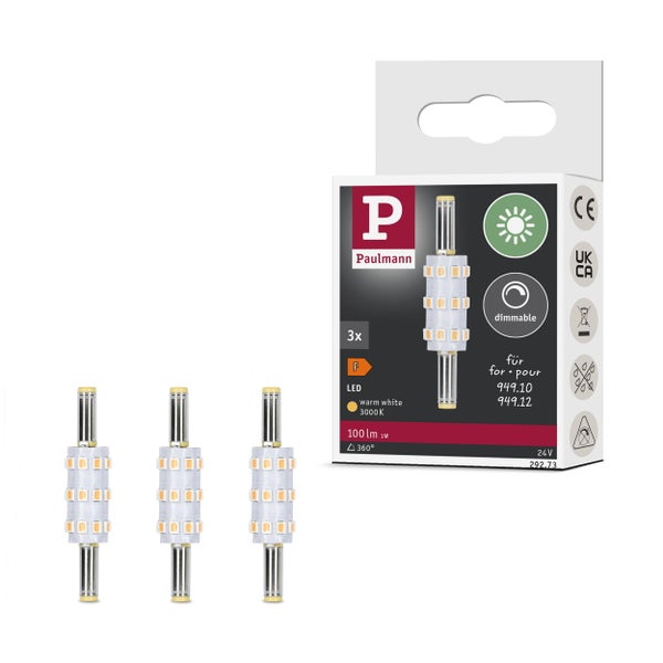 Drei Paulmann LED Stiftsockellampen mit 1 Watt, 100 Lumen, 3000 Kelvin warmweiß und dimmbar in Produktverpackung