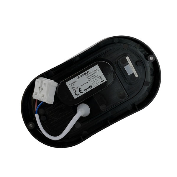 Rückseite einer Luxula Lampe mit Anschlussklemme, Anschlusskabel und CE-Kennzeichnung sowie dem Zeichen für die Einhaltung der RoHS-Richtlinien