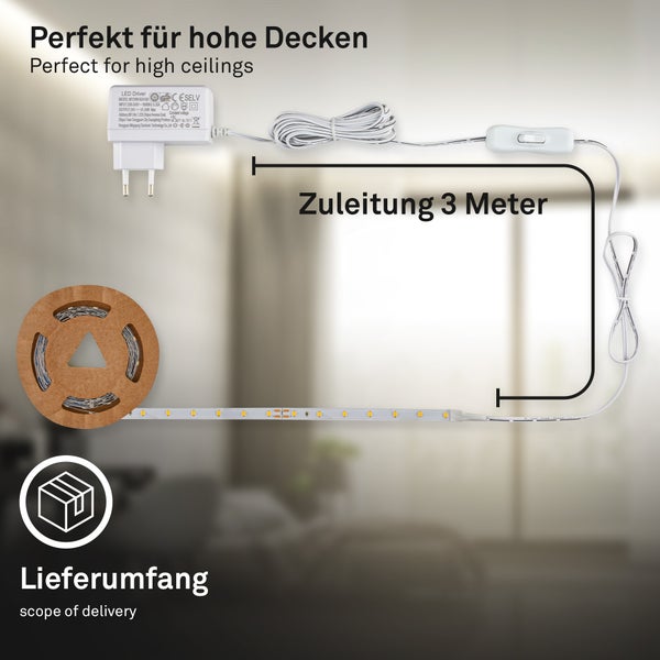 Lieferumfang eines LED-Streifens mit Netzstecker, Schnurschalter und 3 Meter langer Zuleitung auf einer Papprolle.