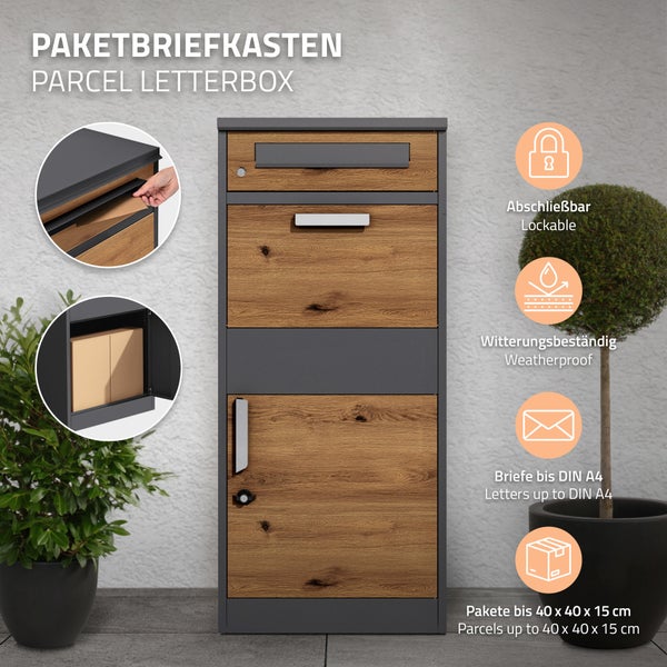 Paketbriefkasten mit Holzdekor und verschiedenen Fächern