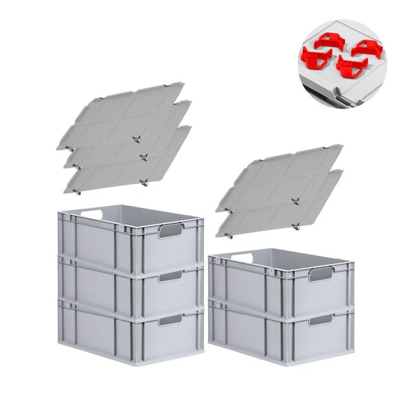 PROREGAL Spar Set 5x Eurobox Nextgen Economy Mit Auflagedeckel & 4x Schiebeschnappverschlüsse Rot Griffe Offen HxBxT 22 x 40 x 60 cm 44 Liter