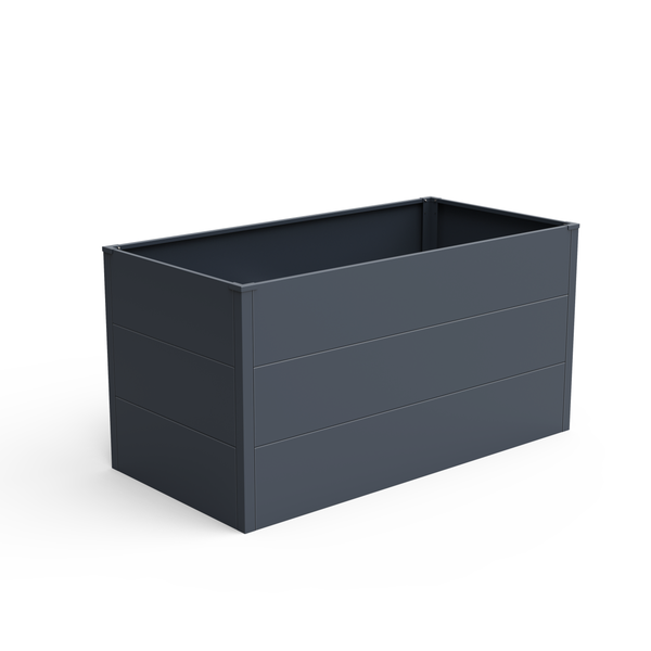 Rechteckiges Hochbeet aus Metall in Anthrazit.