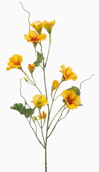 Detailaufnahme einer Kunstblume mit gelben Blütenknospen und grünen Stielen aus Kunststoff.