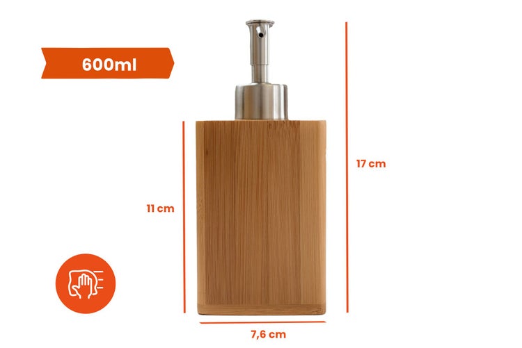 Seifenspender aus Bambus mit Edelstahlpumpe, manuell, Fassungsvermögen 600 Milliliter, Höhe 17 Zentimeter, Breite 7,6 Zentimeter.