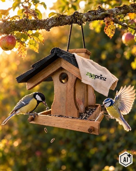 Ein hängendes Vogelhaus aus Holz mit Dach und Futtersilo, das von zwei Meisen im Garten angeflogen wird, Zooprinz Logo.