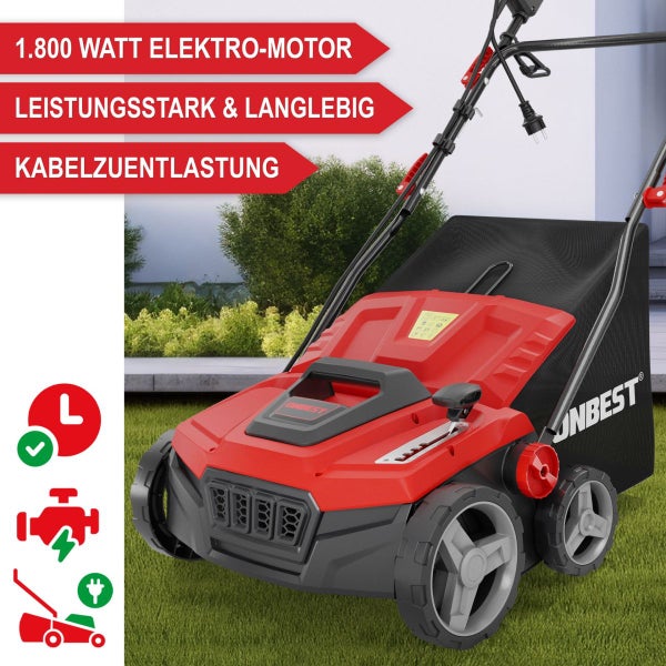 Onbest Elektro-Vertikutierer mit 1800 Watt Elektro-Motor und Kabelzugentlastung auf Rasen.