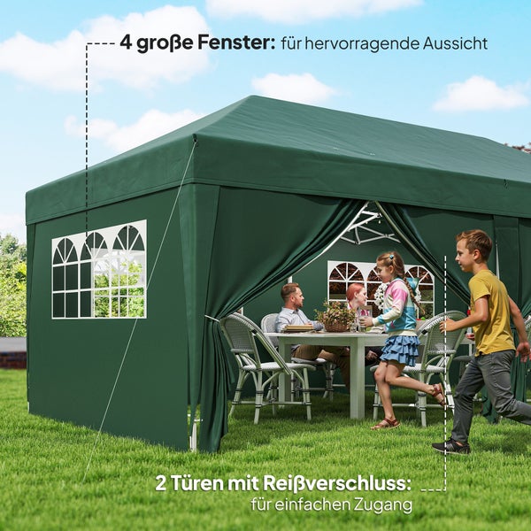 Grüner Gartenpavillon mit vier großen Fenstern und zwei Reißverschlusstüren im Garten mit einer Familie am Tisch und Kindern.