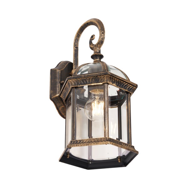Klassische Außenwandleuchte im Laternen-Stil aus Metall in Gold-Antik-Optik mit Glaseinsätzen.