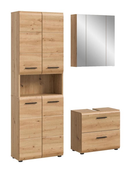 Dreiteiliges Badezimmermöbel-Set in Eichenoptik mit Hochschrank, Spiegelschrank und Waschbeckenunterschrank sowie schwarzen Griffen.