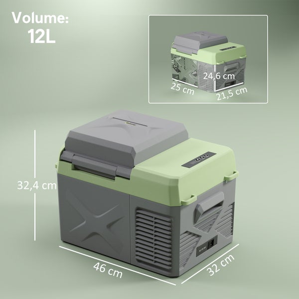 Outsunny 12 Liter Kompressor Kühlbox elektrische Kühlbox mit Anschluss Kühlhaltefunktion Gefrierbox Thermobox Mini Kühlschrank 12/220 Volt für Auto Steckdose LKW Camping Boot Grau+Grün