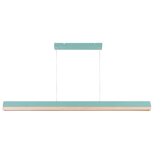 LED-Pendelleuchte, längliche Form, Türkis und Holzoptik, Material Metall und Holz.
