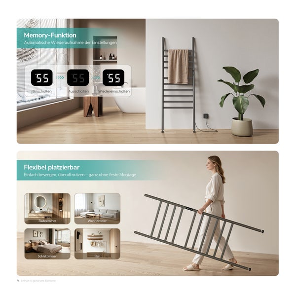 Elektrischer Handtuchheizkörper mit Memory Funktion und flexibler Aufstellmöglichkeit für Badezimmer Wohnzimmer Schlafzimmer und Flur.