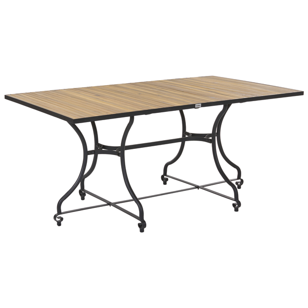 Rechteckiger Gartentisch Bellani mit Tischplatte aus Holzlatten und schwarzem, geschwungenem Metallgestell.
