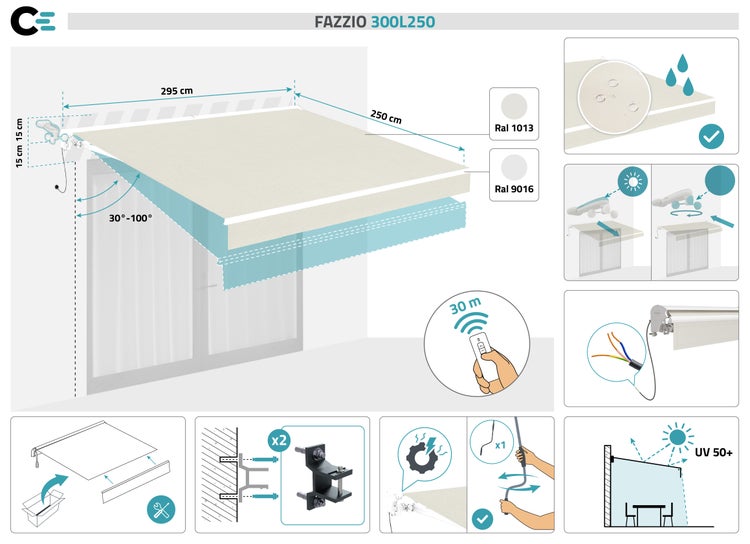 Illustration einer Fazzio 300L250 Markise mit Maßen und technischen Details