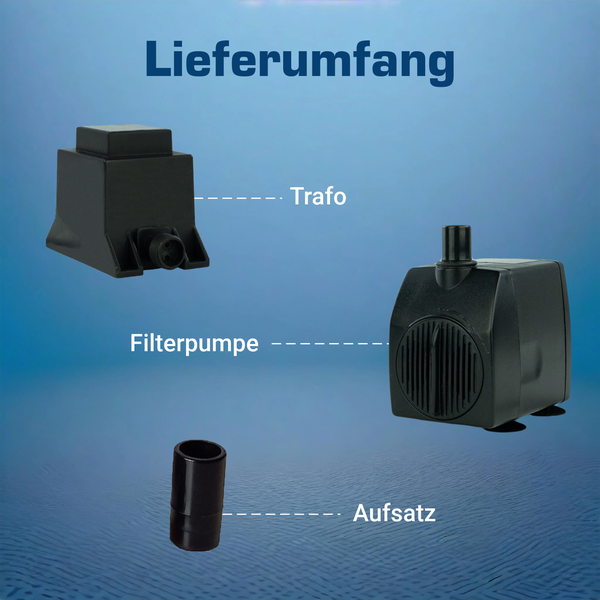 Lieferumfang der Filterpumpe bestehend aus Filterpumpe, Transformator und Aufsatz.