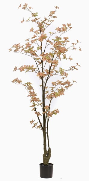 Künstlicher Enkianthus-Baum mit rosa und grünen Blättern in einem schwarzen Topf.