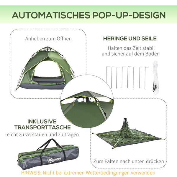 Outsunny Campingzelt, Doppelzelt,  210 x 210 x 140 cm, Polyester + Glasfaser, Dunkelgrün