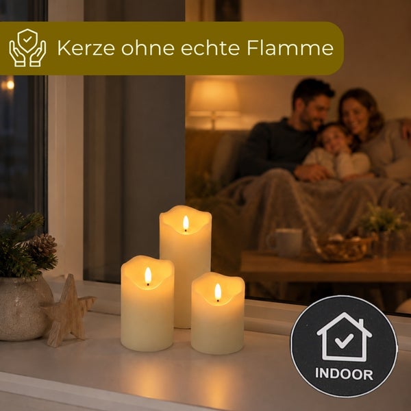 Drei LED Stumpenkerzen mit flackerndem Lichteffekt als sichere Kerzen ohne echte Flamme für den Innenbereich auf einer Fensterbank