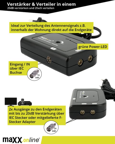Antennenverstärker mit 2 Ausgängen 2X 20 dB Verstärkung inkl. F-Adapter, 85-1006 MHz, Kabelfernsehen, Kabel Verstärker, Verstärker Wohnung, Wohnungsverstärker