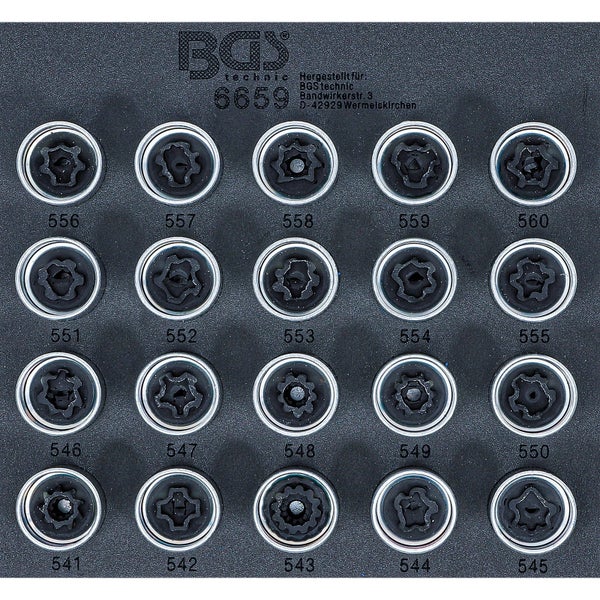 Felgenschloss-Einsatz-Satz BGS technic 6659 mit 20 verschiedenen Adaptern für Radsicherungsschrauben.