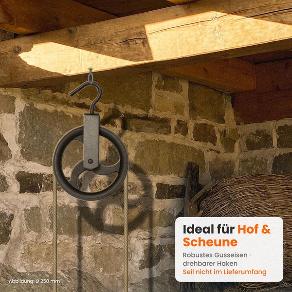 Gusseiserne Seilrolle mit drehbarem Haken zur Befestigung an einem Holzbalken für Hof und Scheune, Durchmesser 250 Millimeter, ohne Seil.