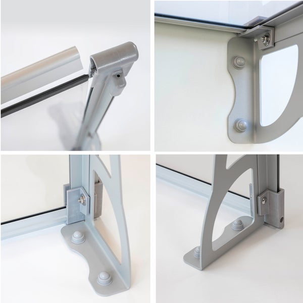 Detailansicht der Montage und Befestigungselemente eines Vordachs mit Halterungen aus Kunststoff und Aluminiumprofilen.