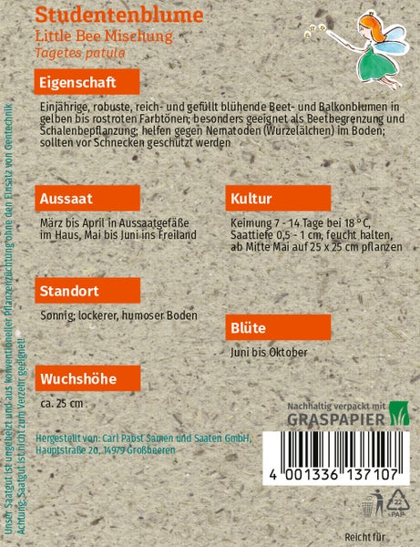 Rückseite der Saatgutpackung Studentenblume Tagetes patula Little Bee Mischung von Carl Pabst mit Anbauhinweisen in nachhaltigem Graspapier.