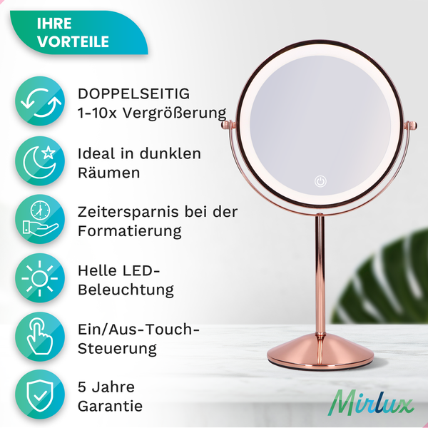 Mirlux Kosmetikspiegel mit LED Beleuchtung 10fache Vergrößerung Rund 3 Lichtstufen Wiederaufladbar Roségold
