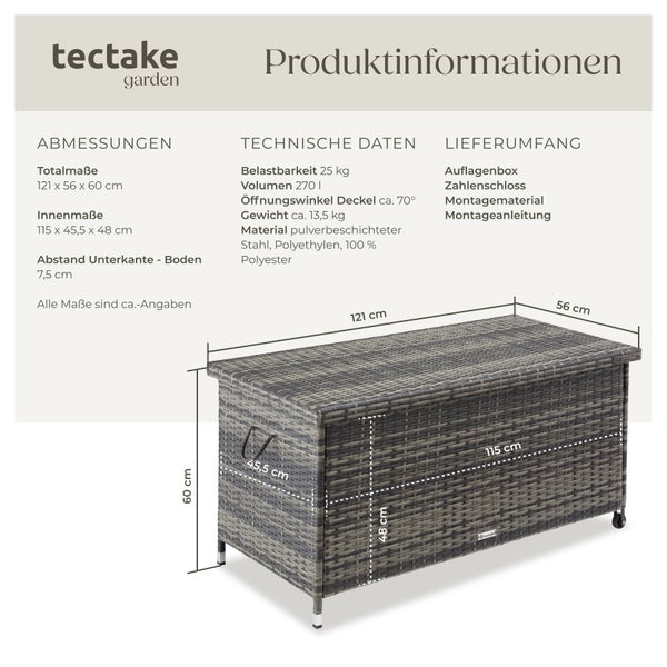 Auflagenbox tectake Kiruna 121 x 56 x 60 cm mit Rattangeflecht grau