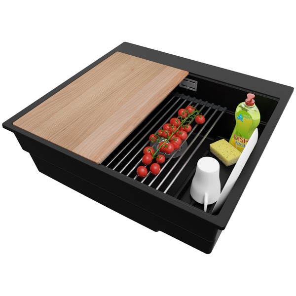 PRIMAGRAN Spülbecken Schwarz 58x53cm, Granitspüle 1 Becken + Ablauf-Set + Küchenzubehörset, Küchenspüle ab 60er Unterschrank - Oslo Max