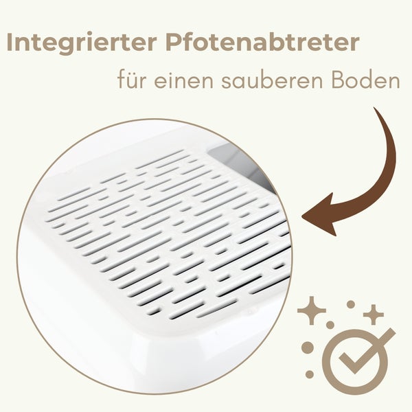 Nahaufnahme eines integrierten Pfotenabtretters aus Kunststoff für eine Haustiertoilette zur Vermeidung von Schmutz auf dem Boden.