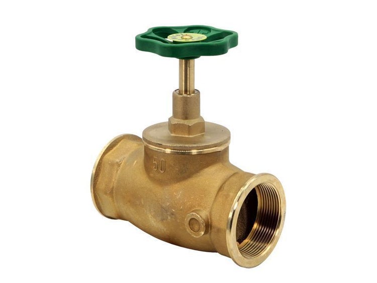 Muffenschieber aus Messing mit grünem Handrad und Innengewinde.