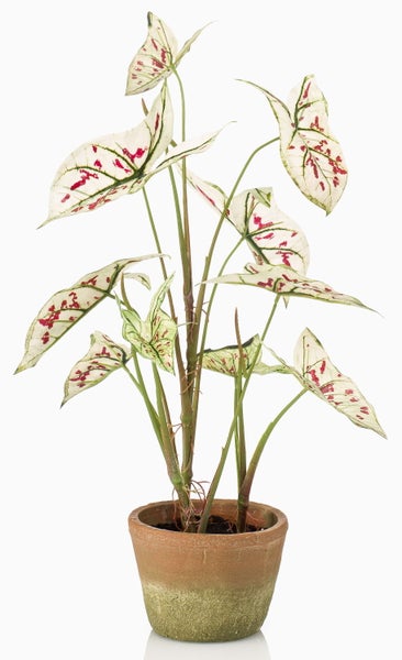 Künstliche weiße Rose mit grünem Stiel und Blättern.