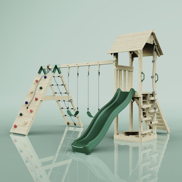 Spielturm mit Rutsche, Schaukeln, Kletterwand und Kletternetz