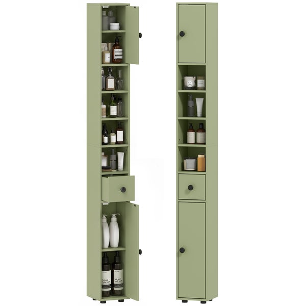Badezimmer-Hochschrank in offener und geschlossener Ansicht mit Regalen, einer Schublade und Türen für Stauraum im Badezimmer.