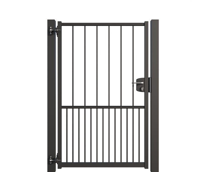 Metallzauntür mit Schloss und vertikalen Stäben