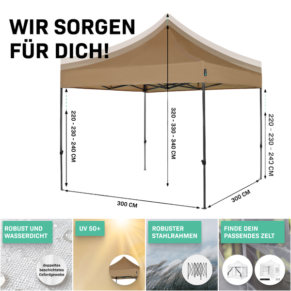 VONROC Pavillon 3x3m wasserdicht stabil - Partyzelt EasyUp System [3Min Aufbau] Popup Faltpavillon modular erweiterbar als Festival Zelt, Gartenpavillon