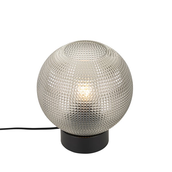 Dekorative Tischleuchte mit einem kugelförmigen, transparenten Lampenschirm und einem schwarzen Sockel.