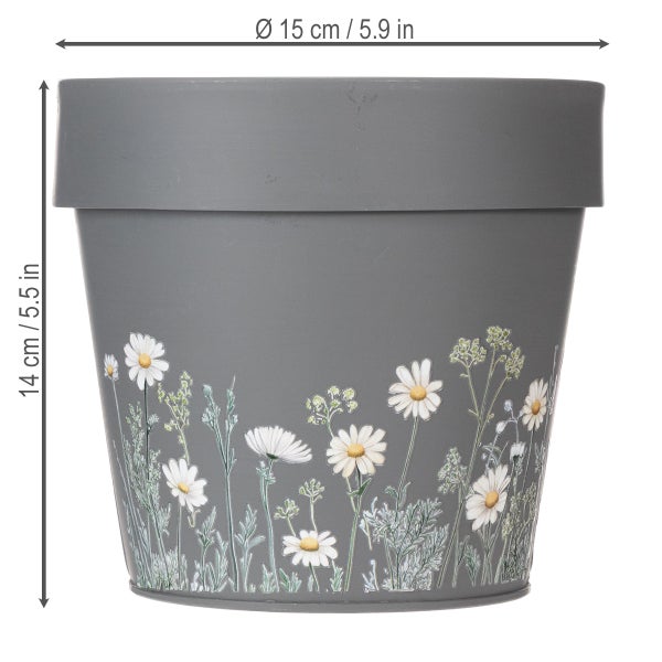 Blumentopf mit Gänseblümchen-Dekor, Durchmesser 15 Zentimeter, Höhe 14 Zentimeter.