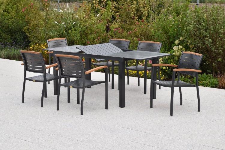 Tinos Gartenmöbel Set 7tlg., 6 Stapelsessel, Ausziehtisch 150 (200) x 90 cm