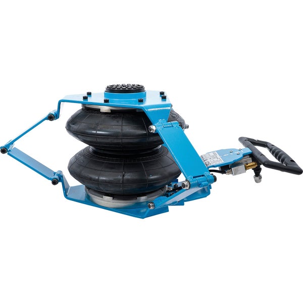 Pneumatischer Ballonwagenheber mit zwei Gummibälgen, blauem Metallrahmen und schwarzem Griff.