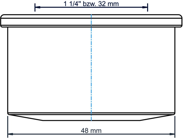 Technische Zeichnung eines Bauteils mit oberem Durchmesser 1 1/4 Zoll beziehungsweise 32 Millimeter und unterem Durchmesser 48 Millimeter.